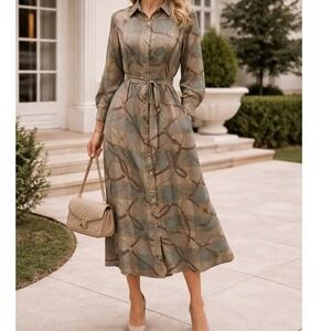Lauren Ralph Lauren Equestrian Plaid Chain Print Shirt Dress Tan Green Size 2